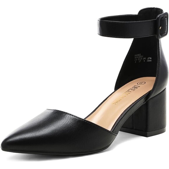 🆕 Women Black Chunky Closed Toe Low Block Heels Dress Pointed Ankle Strap Pump - Picture 1 of 8